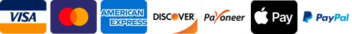 Visa, Mastercard, American Express, Discover, Apple Pay, PayPal