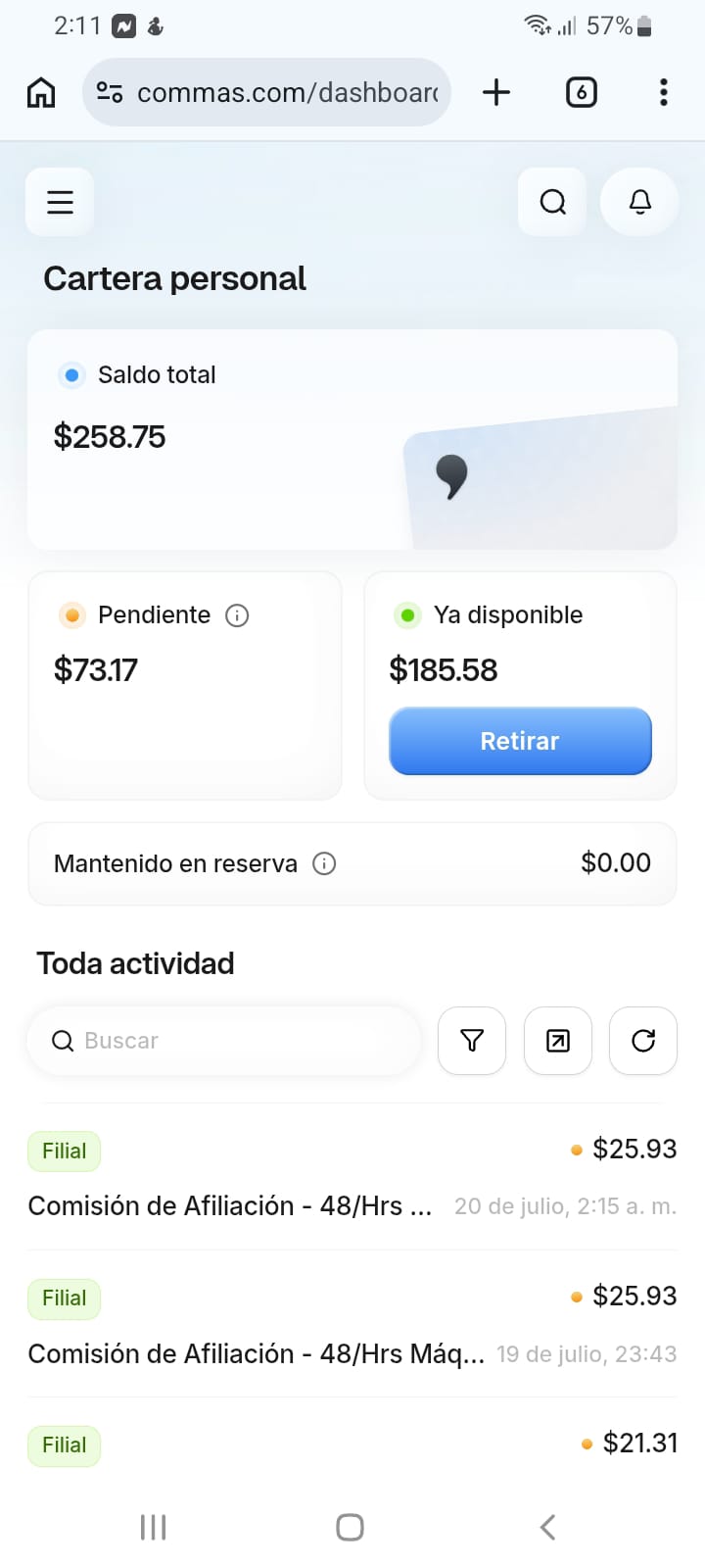 Captura de panel de comisiones de un miembro